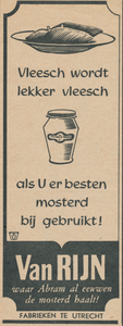 716038 Advertentie voor Van Rijn's Mosterd, geproduceerd bij Van Rijn's Mosterd- en Azijnfabrieken, [Nieuwe Kade 11-13] ...